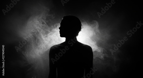 dark moody silhouette, ethereal smoke, atmospheric lighting, high contrast black and white, abstract human form, shadowy figure, mysterious ambiance