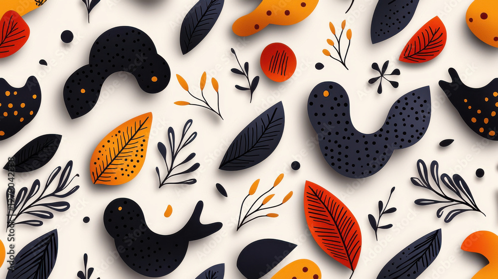 Colorful abstract shapes and leaves in black and orange tones Colorful abstract shapes and leaves in black and orange tones