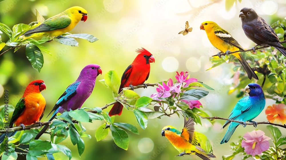 Colorful birds perched on branches in a lush tropical paradise, vibrant plumage and serene natural setting, idyllic wildlife scene Colorful birds perched on branches in a lush tropical paradise, vibrant plumage and serene natural setting, idyllic wildlife scene