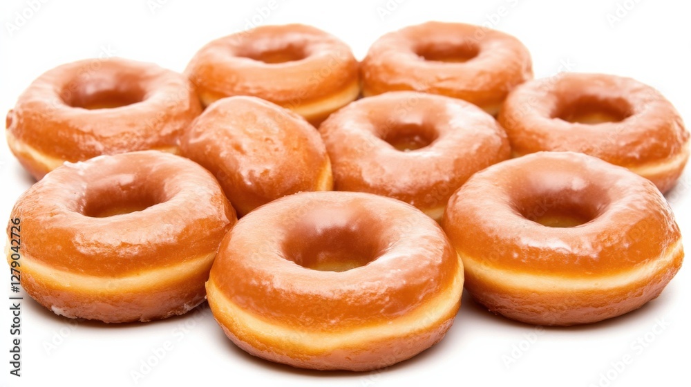 Freshly Glazed Donuts Arranged Neatly on a White Background, Ideal for Dessert Promotions Freshly Glazed Donuts Arranged Neatly on a White Background, Ideal for Dessert Promotions