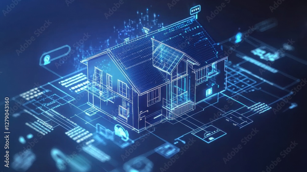 Safety and Security Protocols Digital representation of a house surrounded by data and technology elements, illustrating modern architecture concepts. Safety and Security Protocols Digital representation of a house surrounded by data and technology elements, illustrating modern architecture concepts.
