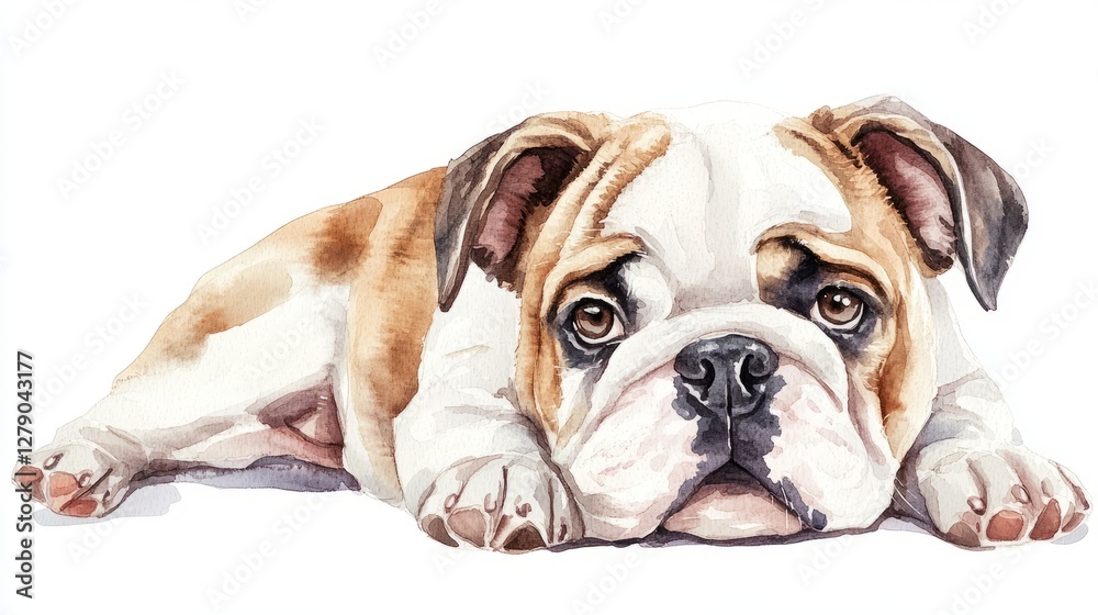 Watercolor Puppy. Cute Bulldog Lying Down. Watercolor Puppy. Cute Bulldog Lying Down.