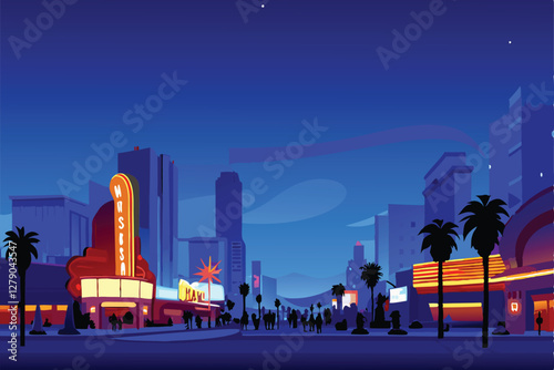 A breathtaking dusk cityscape showcasing a vibrant casino skyline as its lights illuminate the twilight sky.