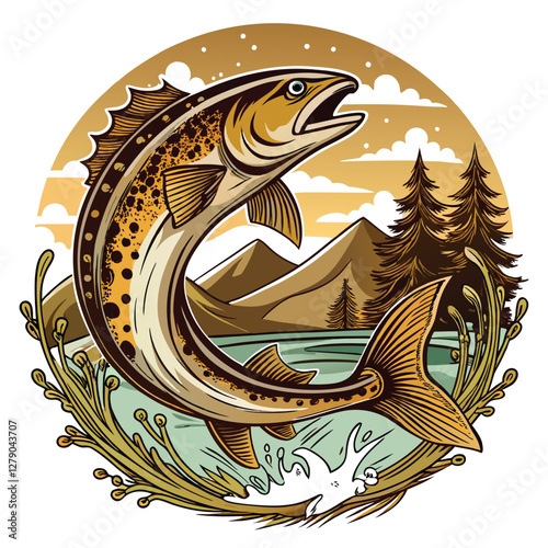 A majestic trout leaps from a pristine mountain stream, a fly fisherman's line taut in the background, showcasing the thrill of fly fishing.