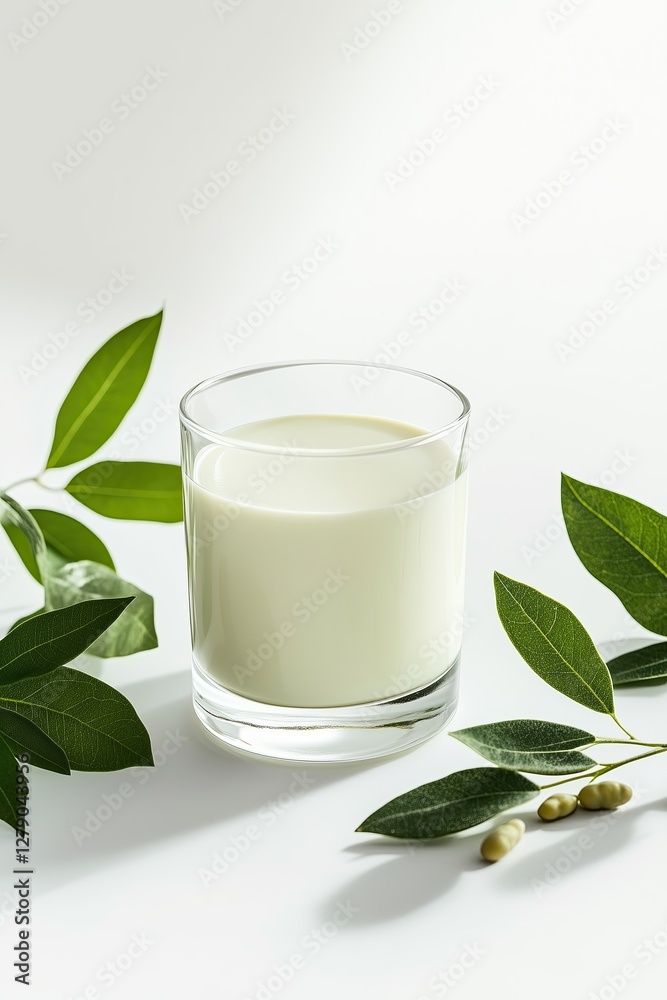 A glass of fresh plant-based milk surrounded by green leaves on a white background. A natural and healthy dairy-free beverage concept.
A glass of fresh plant-based milk surrounded by green leaves on a white background. A natural and healthy dairy-free beverage concept.