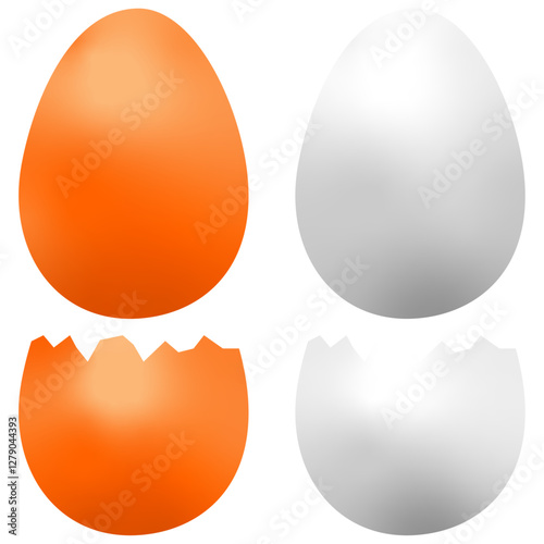 Realistic eggs whole and broken shell in brown and white varieties isolated on a transparent or white background