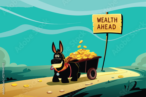 A jovial donkey, adorned with colorful ribbons, happily pulls a sturdy wooden cart overflowing with glistening gold coins, set against a vibrant, sunny landscape.
