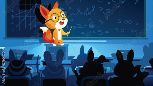 A whimsical illustration of a bespectacled fox, radiating joy, patiently teaching a diverse group of attentive woodland animals.
