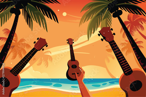 Vibrant vector illustration of cheerful ukulele players amidst lush palm trees on a sunny beach.