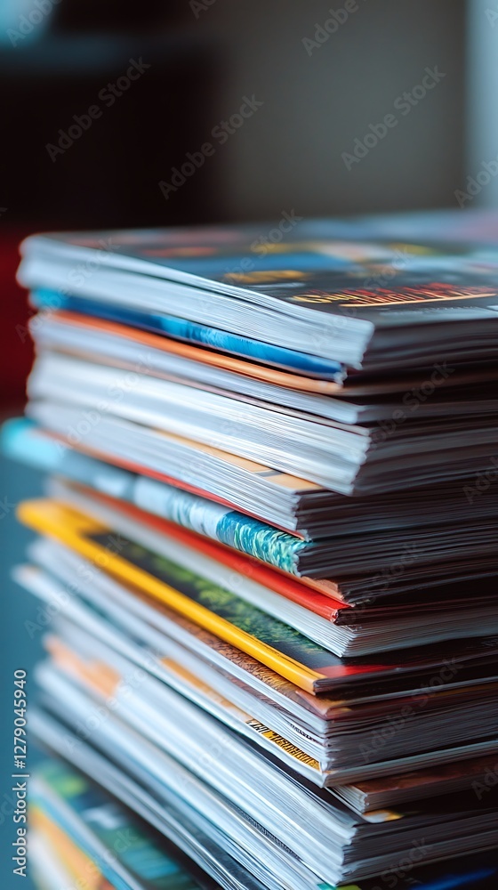 Stacked magazines, office desk, blurred background, reading Stacked magazines, office desk, blurred background, reading
