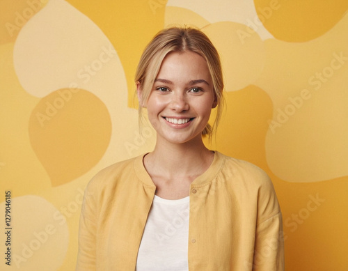 Portrait einer attraktiven jungen blonden Frau vor gelbem Hintergrund photo