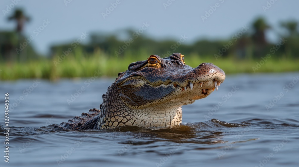 Fototapeta premium A large alligator swims gracefully through the water, showcasing its powerful body and distinctive features in a natural aquatic environment.