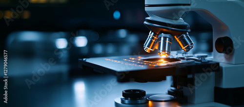 close up of microscope in laboratory setting, with focus on lens and slide