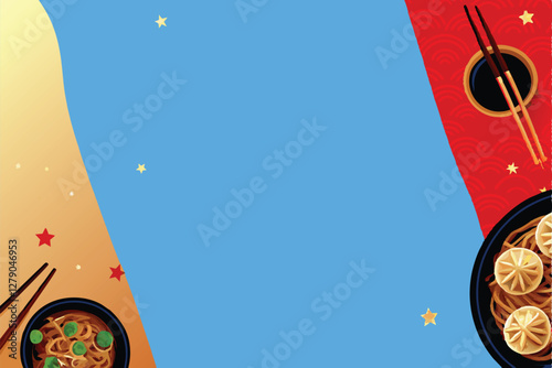 Design a vibrant vector banner showcasing delicious Chinese dumplings.  Include chopsticks and soy sauce.  Focus on appetizing visuals.