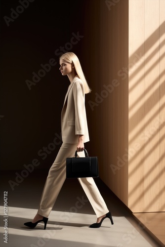 A woman in stylish white and beige outfit gracefully walks the runway, radiating elegance and style photo