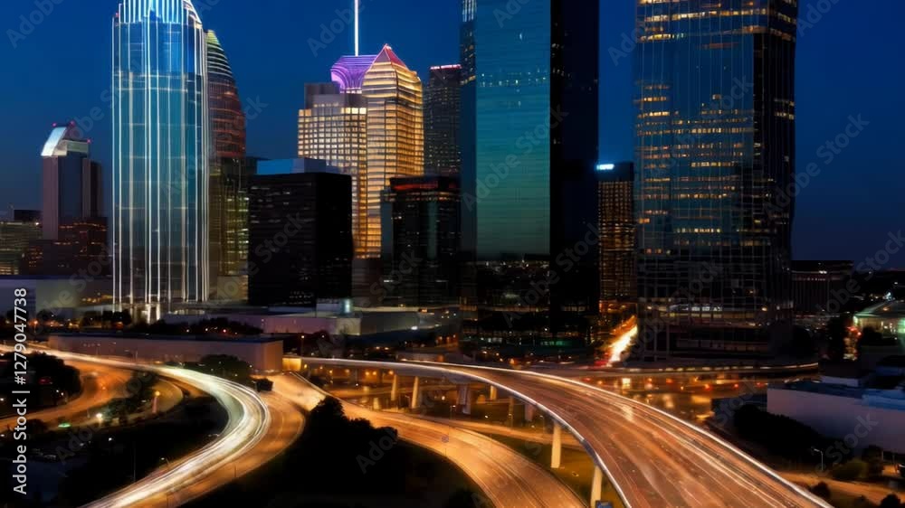 Dallas Skyline at Night Time-lapse. a time-lapse of the Dallas, Texas skyline at night with traffic light streaks on the highway and buildings in the background Dallas Skyline at Night Time-lapse. a time-lapse of the Dallas, Texas skyline at night with traffic light streaks on the highway and buildings in the background