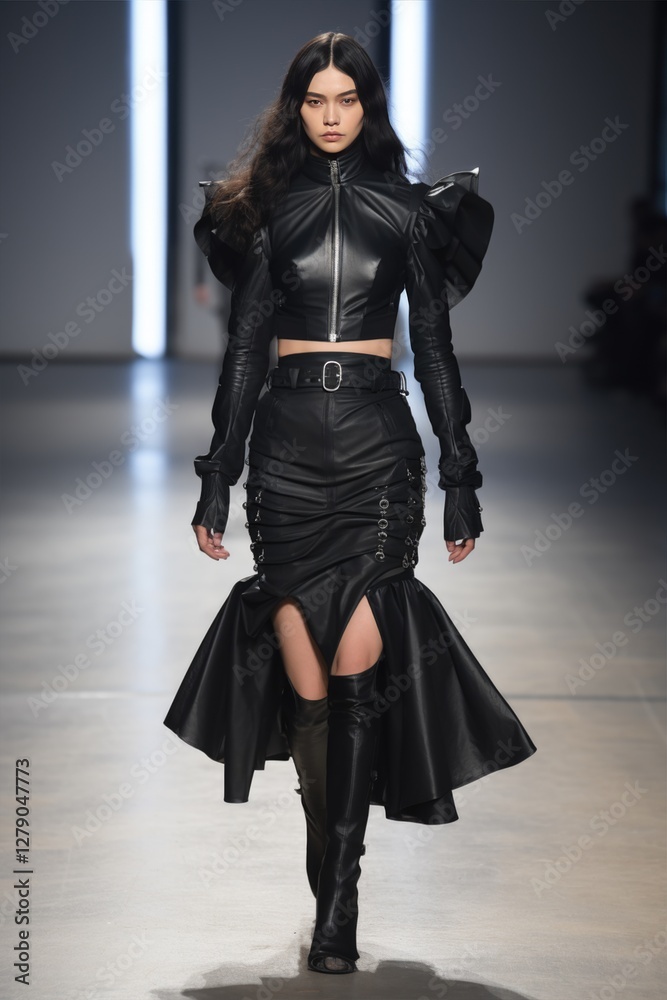 A model confidently walks the runway in a black leather outfit, featuring a modern and edgy style. Woman trendy fashion show collection A model confidently walks the runway in a black leather outfit, featuring a modern and edgy style. Woman trendy fashion show collection