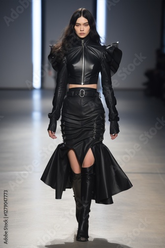A model confidently walks the runway in a black leather outfit, featuring a modern and edgy style. Woman trendy fashion show collection