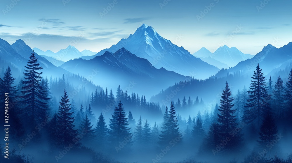 Obraz premium Misty blue mountains, serene forest, sunrise, nature wallpaper
