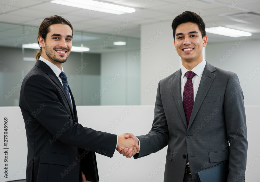 Portrait of cheerful young manager handshake with new employee Portrait of cheerful young manager handshake with new employee