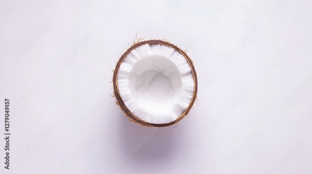 Halved Coconut with White Flesh on a Seamless Light Gray Background Overhead Studio Shot Halved Coconut with White Flesh on a Seamless Light Gray Background Overhead Studio Shot