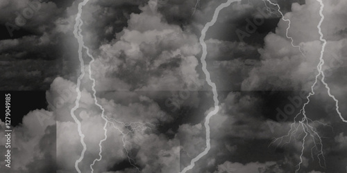 Thunder, lightnings and rain on a stormy summer night in black and white. Lightning bolts in the sky at night. 

