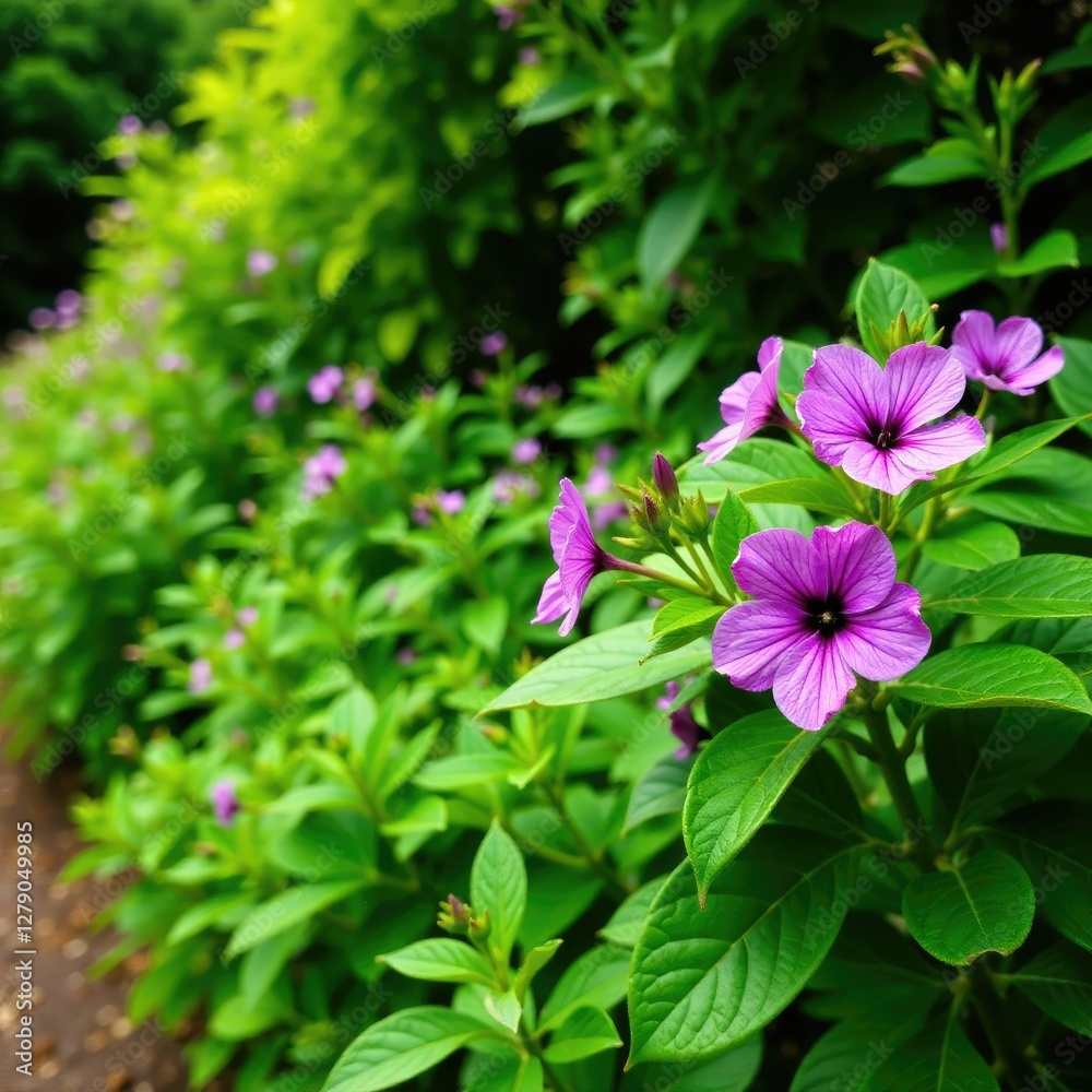 A lush green garden with purple flowers in the background, floral, garden A lush green garden with purple flowers in the background, floral, garden