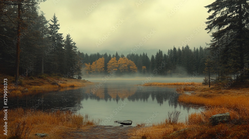 Fototapeta premium Misty autumn lake reflecting trees, foggy forest background, nature scene