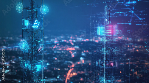 5G network infrastructure with futuristic glowing communication towers and digital signals