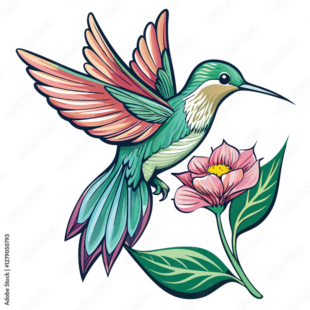 Obraz premium A tiny hummingbird, wings blurred, delicately hovers near a vibrant, blooming flower, showcasing its intricate details.