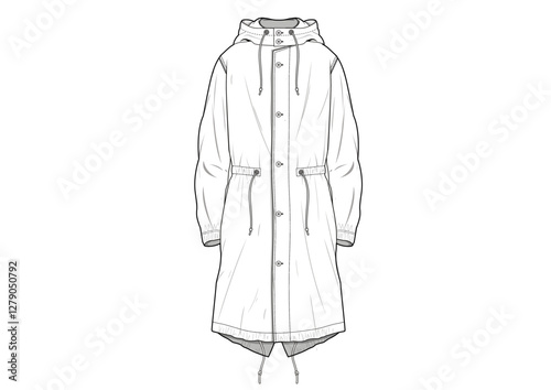 MENSWEAR CLOTHING PARKA / TRENCHCOAT / RAINCOAT WITH FULL ZIPPER AND HOODY FASHION ILLUSTRATION TECHNICAL DRAWING