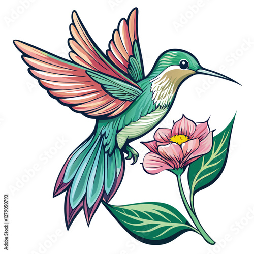 A tiny hummingbird, wings blurred, delicately hovers near a vibrant, blooming flower, showcasing its intricate details.