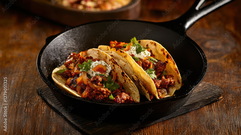 Spicy chorizo tacos with caramelized onions in skillet Spicy chorizo tacos with caramelized onions in skillet
