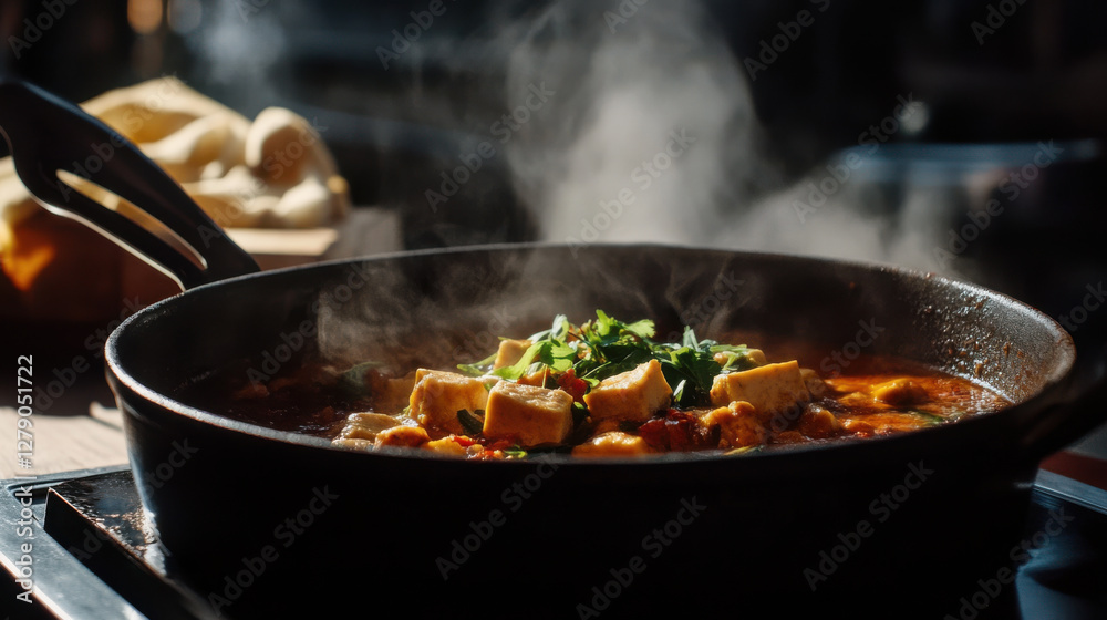 Delicious spicy curry hotpot bubbling with tofu and herbs Delicious spicy curry hotpot bubbling with tofu and herbs