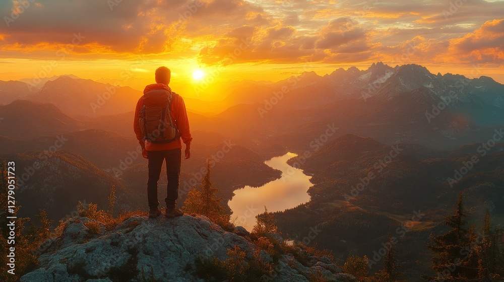 Man with backpack on mountain peak enjoying sunset over valley and lake. Man with backpack on mountain peak enjoying sunset over valley and lake.