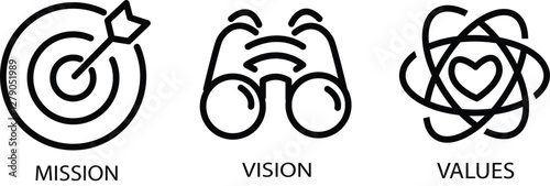 Mission, Vision and Values of company with text. Web page template. Modern flat design. Abstract icon. Purpose business concept. Mission symbol illustration.