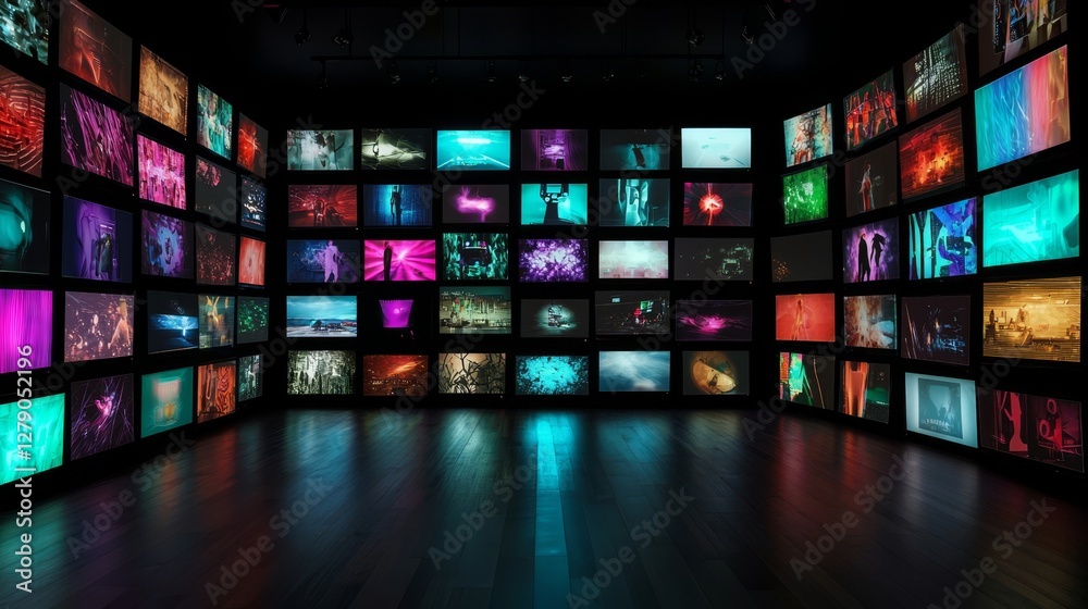 A wall showcasing various sized TVs with illuminated displays. A wall showcasing various sized TVs with illuminated displays.
