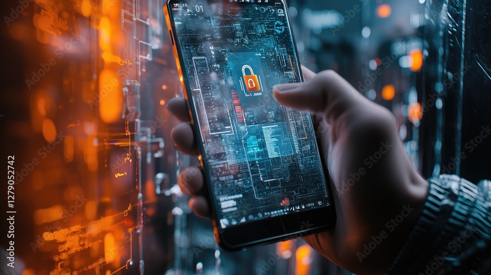 Cybersecurity, Digital Lock on Smartphone Screen Cybersecurity, Digital Lock on Smartphone Screen