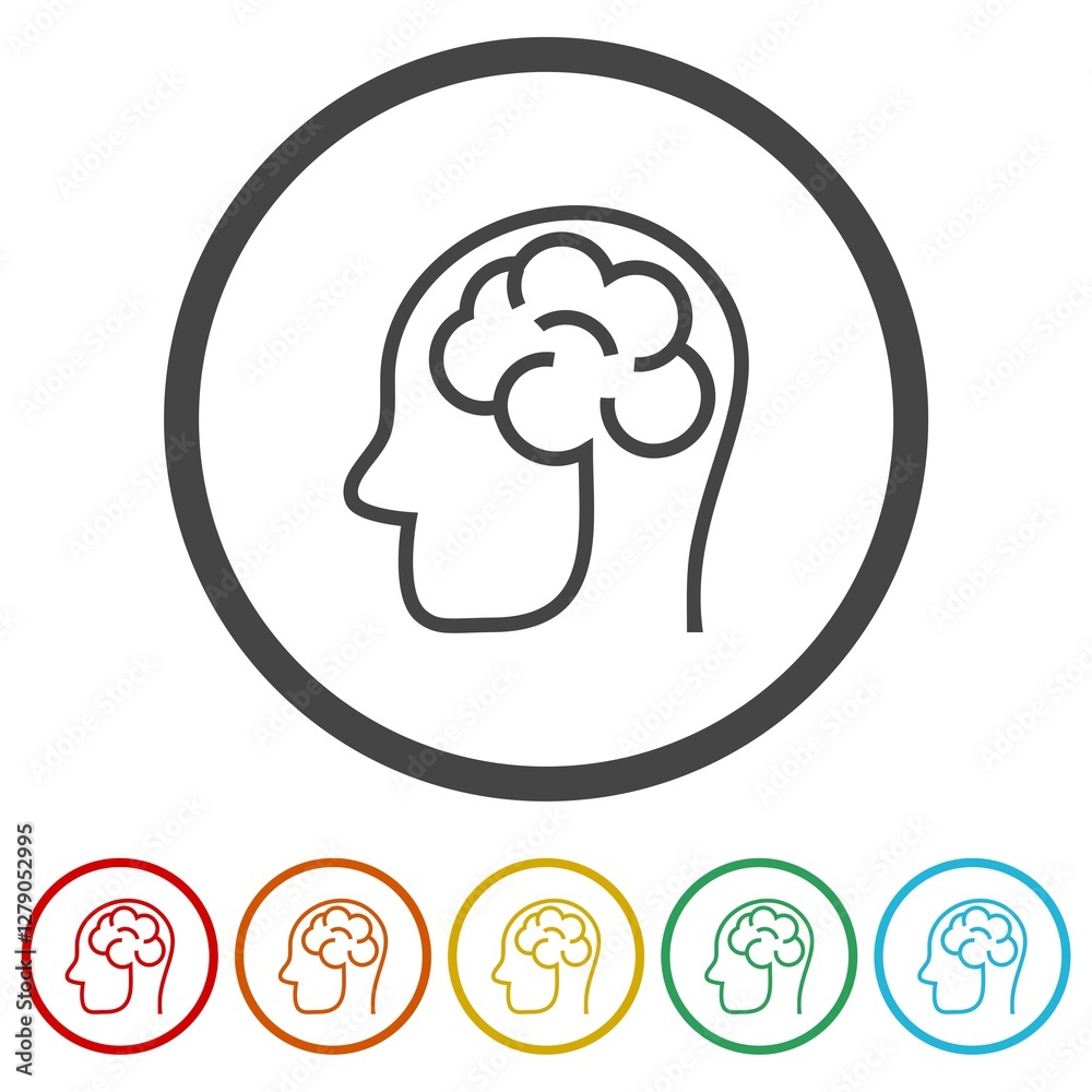 Human brain one line icon. Set icons in color circle buttons Human brain one line icon. Set icons in color circle buttons