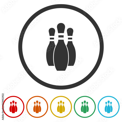 Bowling pin icon. Set icons in color circle buttons