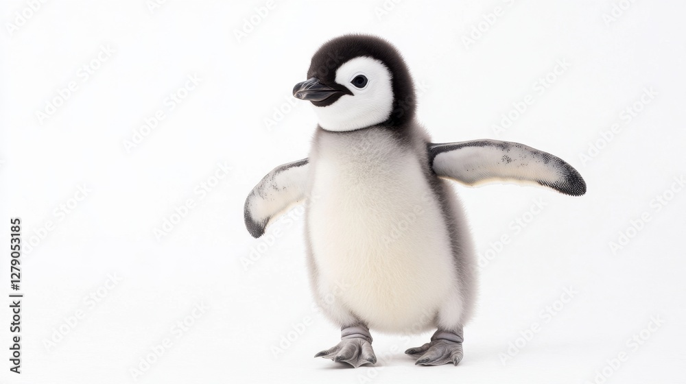 Fototapeta premium Excited baby penguin flapping wings antarctica animal behavior ice environment close-up perspective joyful exploration