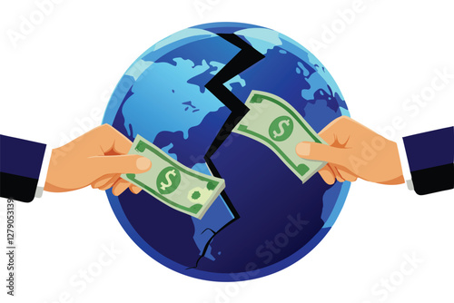 A cracked Earth globe, depicting environmental damage, with hands exchanging money across the fissure, symbolizing corruption and environmental exploitation.