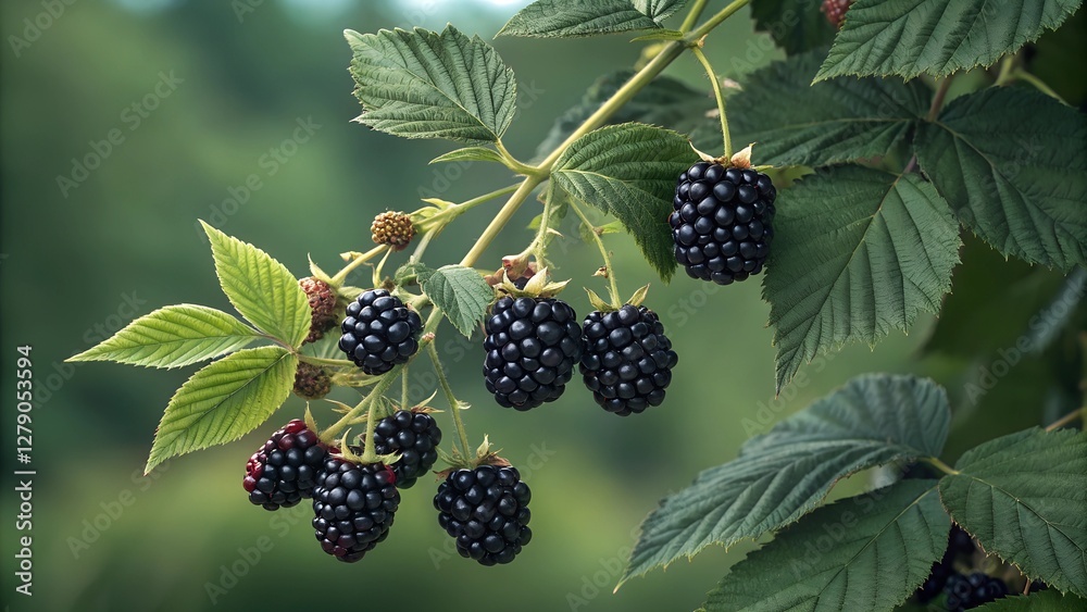 Delicious Blackberries on the Vine: Close-up shot of ripe, juicy blackberries hanging from a thorny vine. Delicious Blackberries on the Vine: Close-up shot of ripe, juicy blackberries hanging from a thorny vine.