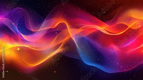 Colorful Abstract Waves in Motion with Glowing Particles and Cosmic Background
