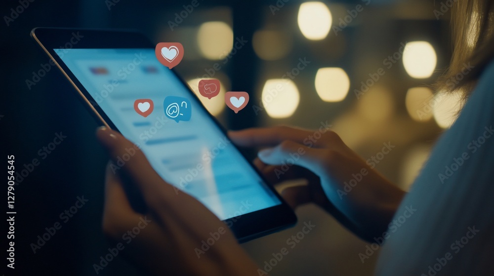 Woman using tablet at night, social media interactions Woman using tablet at night, social media interactions