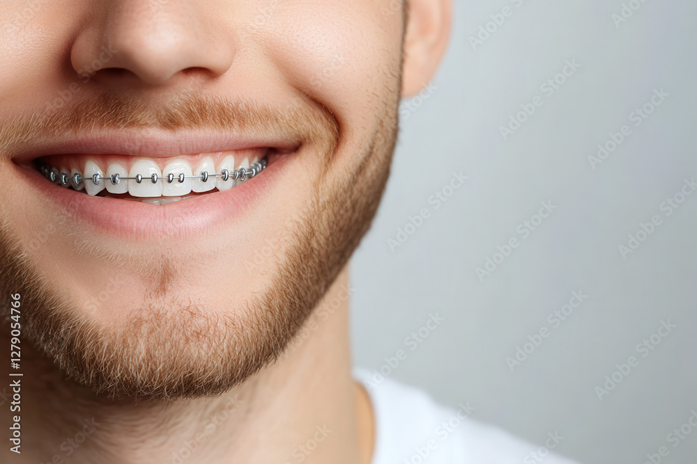 Fototapeta premium Braces adjustment smile reveal dental clinic portrait bright atmosphere close-up confidence in oral health