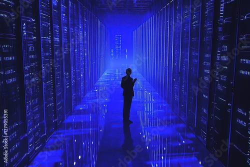 A shadowy figure stands in the center of an expansive data hall