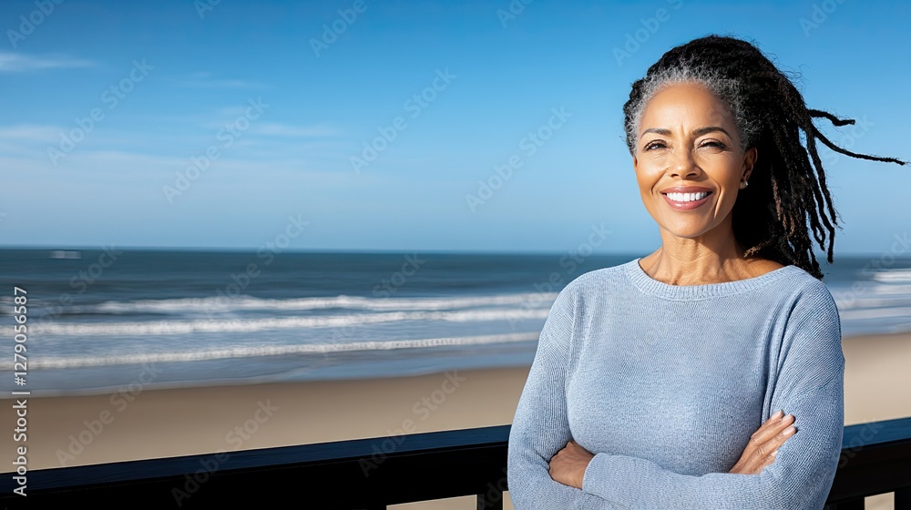A happy woman with beautiful natural hair stands on a balcony, gazing out at the sparkling ocean under a clear blue sky A happy woman with beautiful natural hair stands on a balcony, gazing out at the sparkling ocean under a clear blue sky