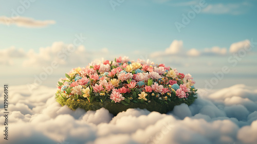 A dreamy floating island in the sky covered in vibrant flowers, soft clouds below, ethereal lighting, a blurred background of a vast horizon