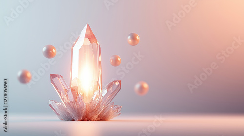 A glowing crystal emitting radiant light, surrounded by floating orbs with a soft blurred cosmic background and a wide empty space on the side